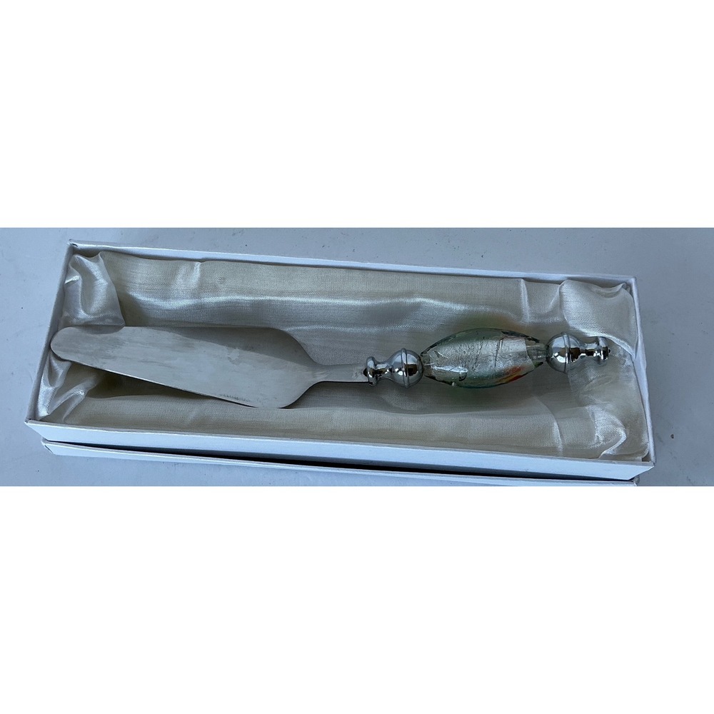 Cake Server Murano Style Art Glass‎ Handle Silver Swirl 9.5in Elegant